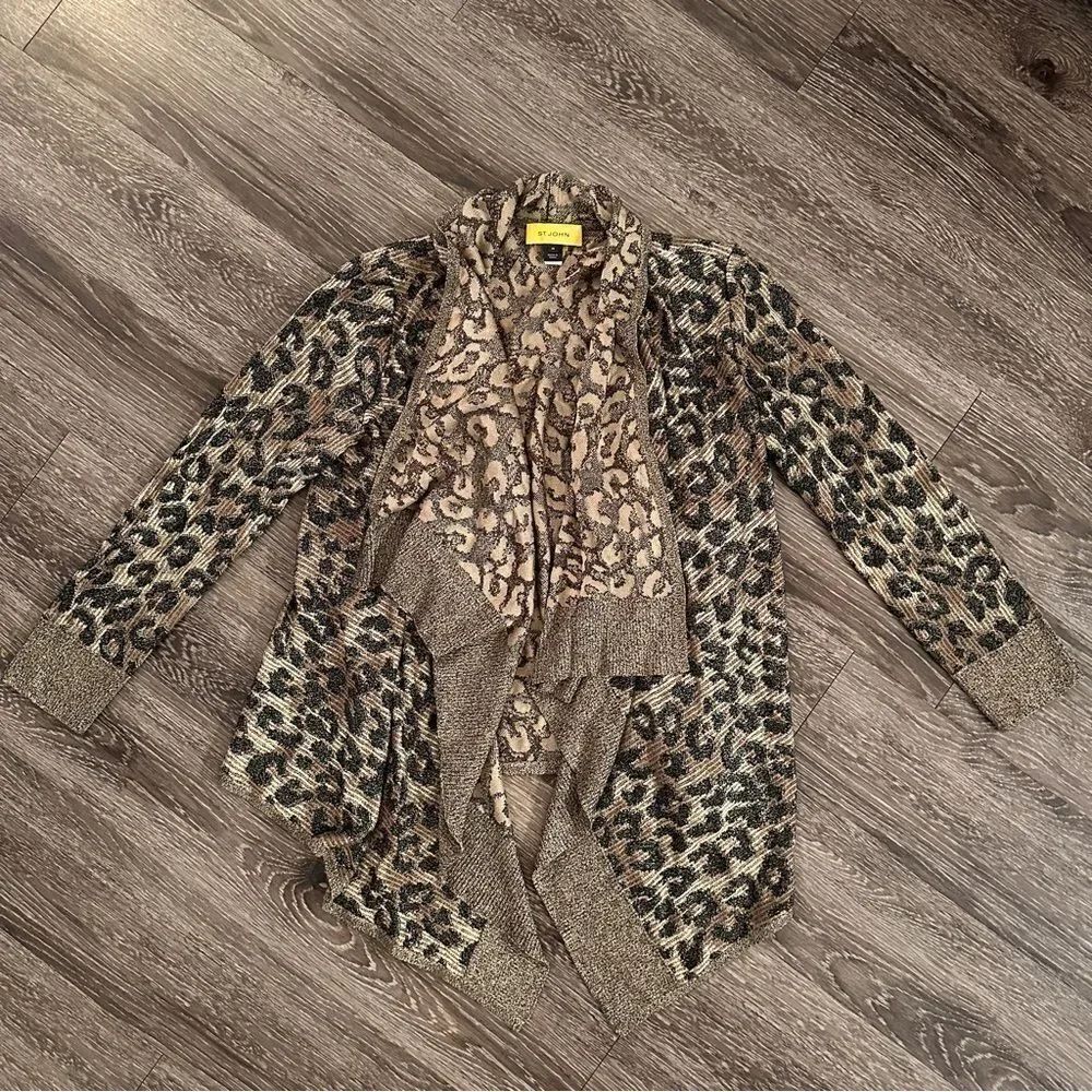 St. John Caviar Multi Shimmer Leopard Open Sweater